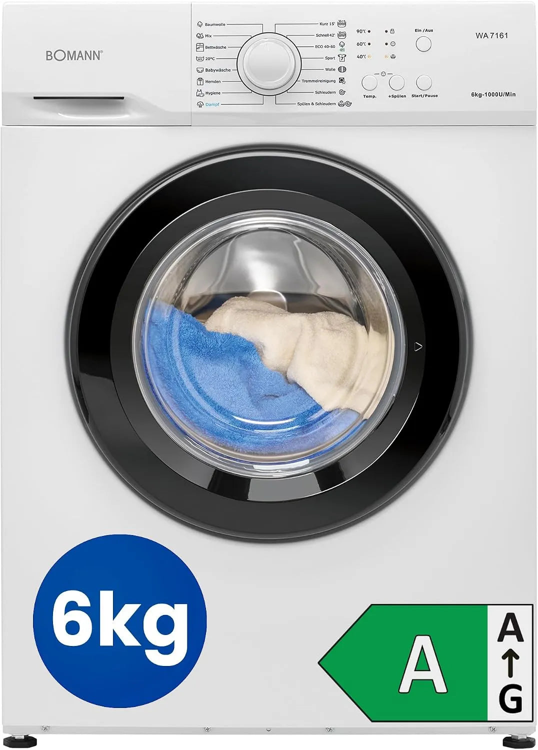 Bomann lave-linge, poids 6 kg, max. 1000 tr/min, 45 cm de, 16 programmes, Température jusqu'à 90 °C, Moteur CC sans balais: efficace