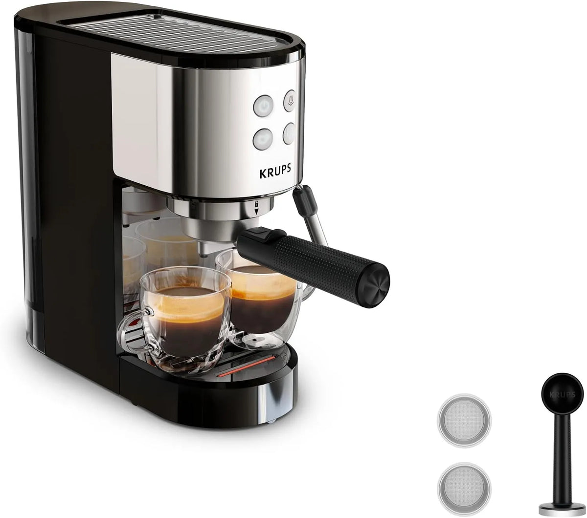 Krups machine expresso 15bars XP441810, manuelle, Virtuoso Essential, design compact, espresso et cappuccino, buse vapeur, Silver