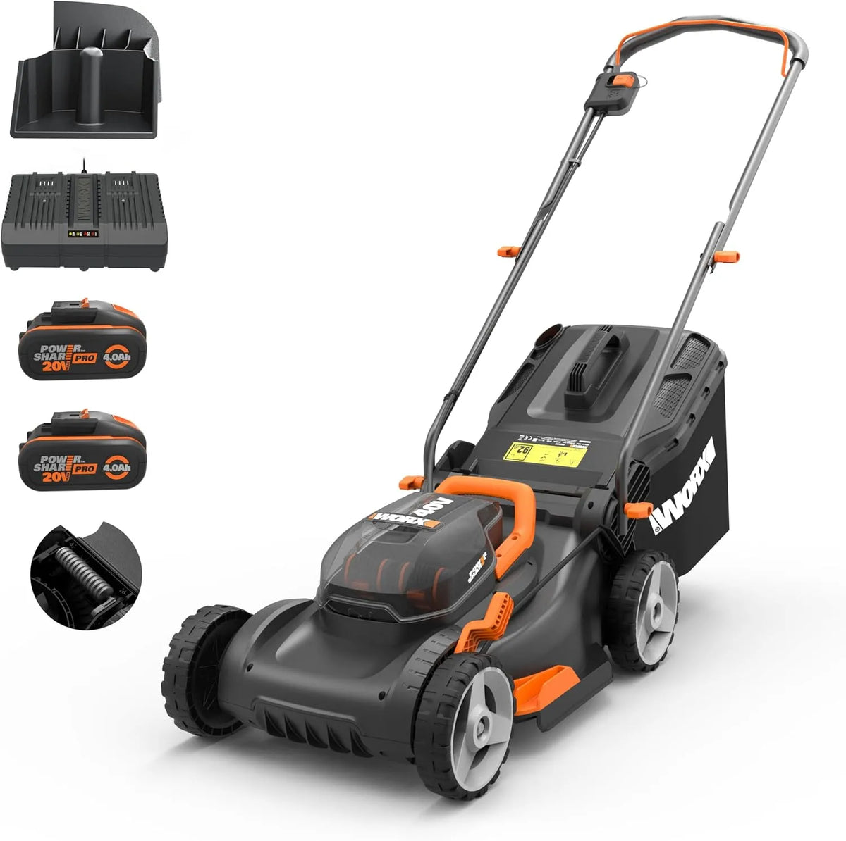 Worx tondeuse à gazon WG734E 20-80mm, sans Fil 40 V, Max 40cm Idéale pour Un Jardin jusqu'à 500m², 2 x 20 V, 4 Ah, Powershare