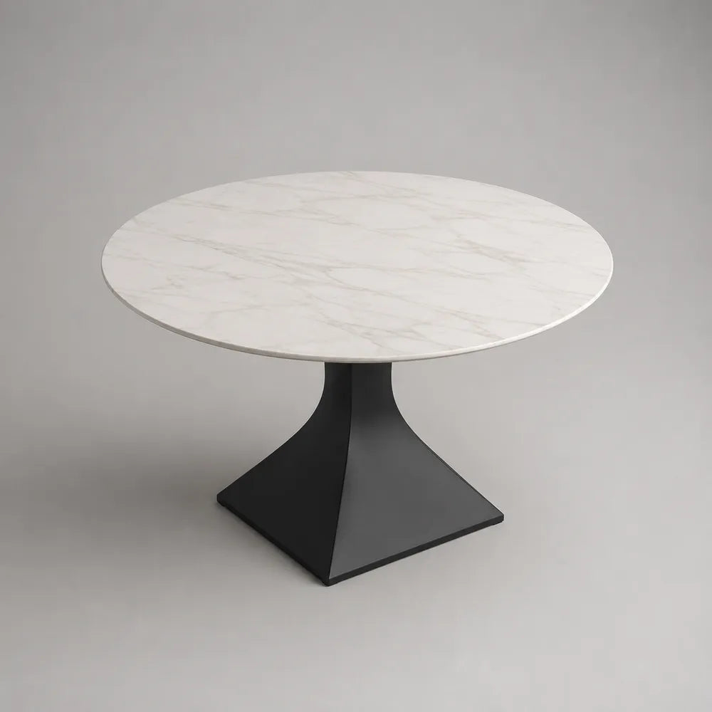 Table à manger ronde en céramique effet marbre blanc avec pied central en acier noir 120 x 120 x 75 cm