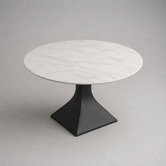 Table à manger ronde en céramique effet marbre blanc avec pied central en acier noir 120 x 120 x 75 cm