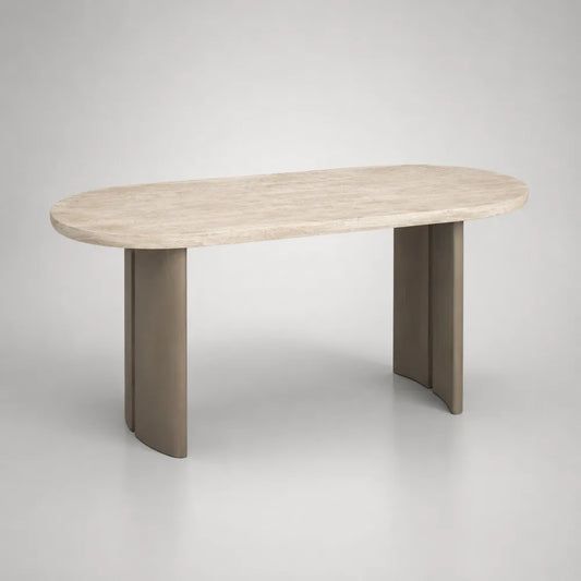 Table à manger ovale en travertin beige avec pieds latéraux en acier beige 220 x 100 x 75 cm