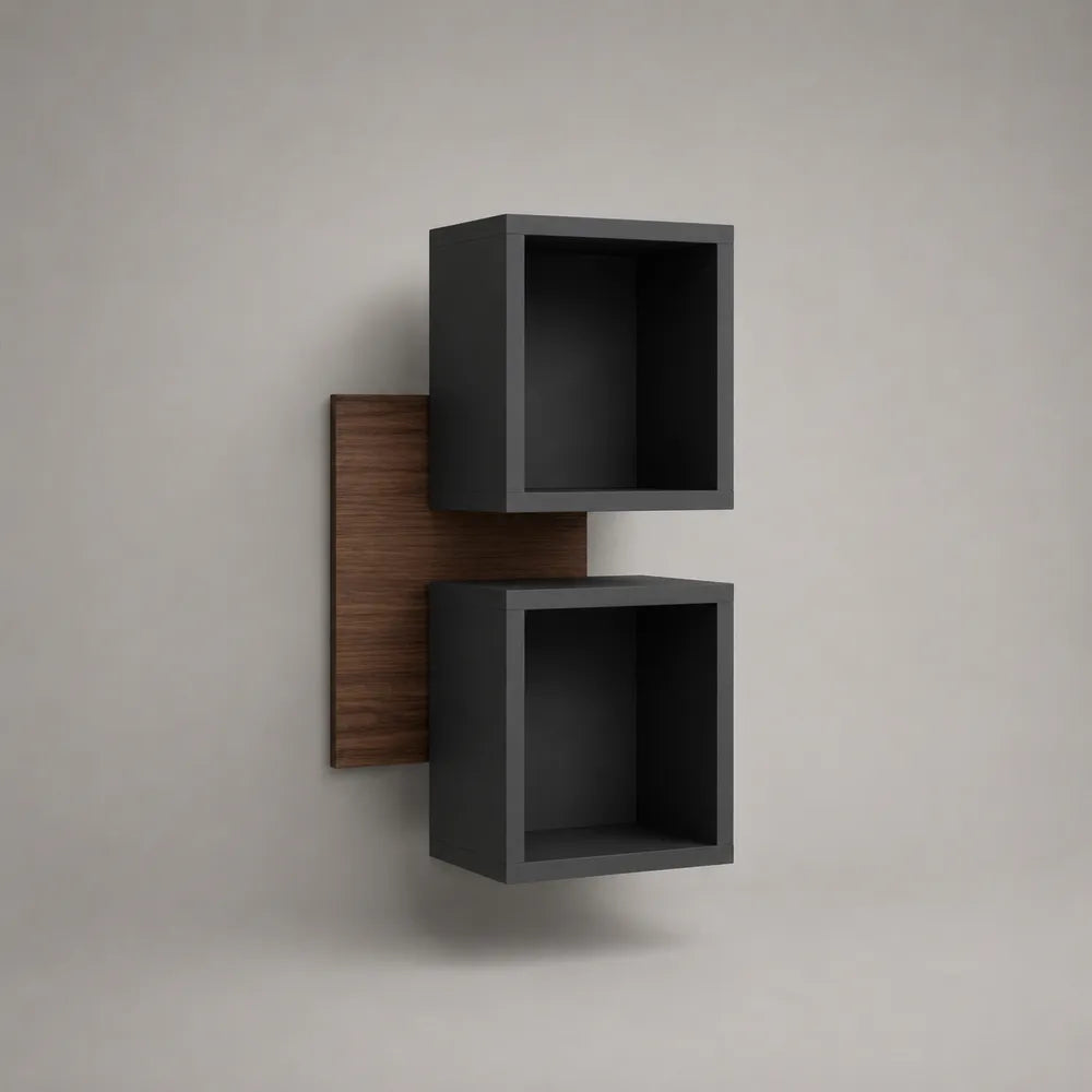 Étagère murale en MDF noir avec panneau effet bois foncé et 2 niches ouvertes 60 x 20 x 80 cm
