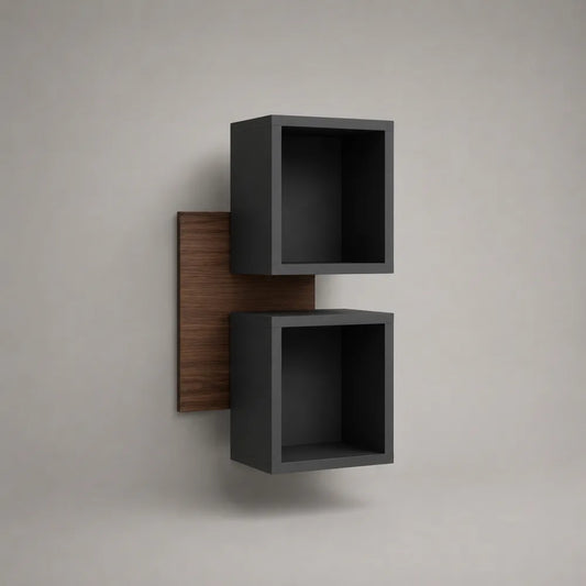 Étagère murale en MDF noir avec panneau effet bois foncé et 2 niches ouvertes 60 x 20 x 80 cm
