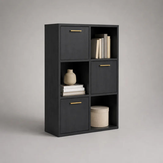 Bibliothèque en MDF noir avec portes et niches ouvertes poignées dorées 90 x 35 x 160 cm