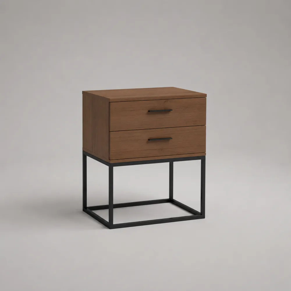 Table de chevet 2 tiroirs avec structure en acier noir et panneaux effet noyer marron 50 x 40 x 60 cm