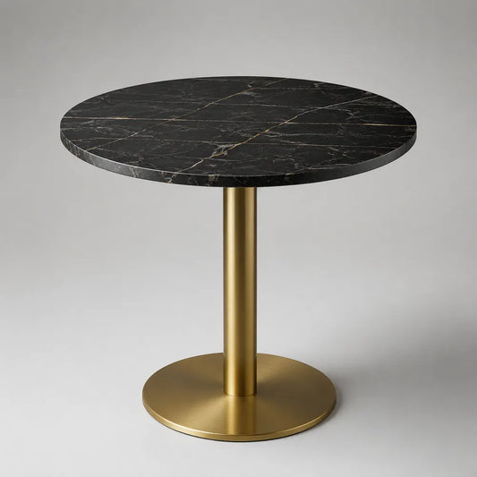 Table à manger ronde avec plateau effet marbre noir et piètement central en acier doré 100 x 100 x 75 cm
