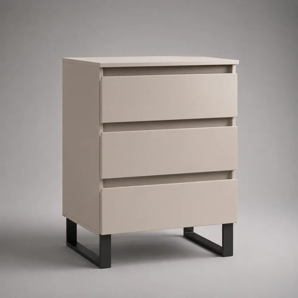 Commode table de chevet avec 3 tiroirs en panneau MDF beige avec pieds métal noir 60 x 40 x 75 cm