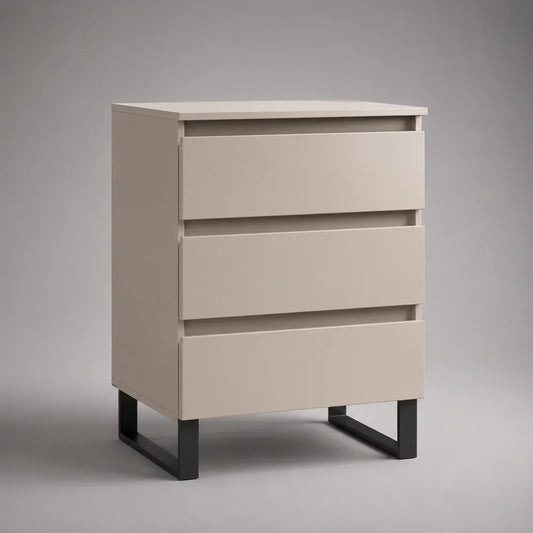 Commode table de chevet avec 3 tiroirs en panneau MDF beige avec pieds métal noir 60 x 40 x 75 cm