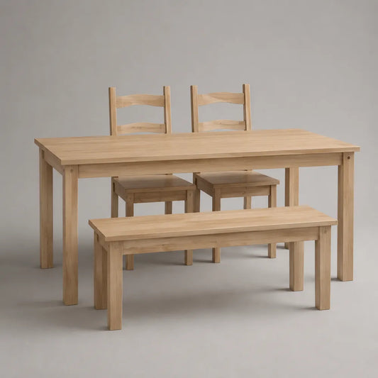 Ensemble table à manger rectangulaire avec banc et 2 chaises en bois massif finition chêne naturel 180 x 90 x 75 cm