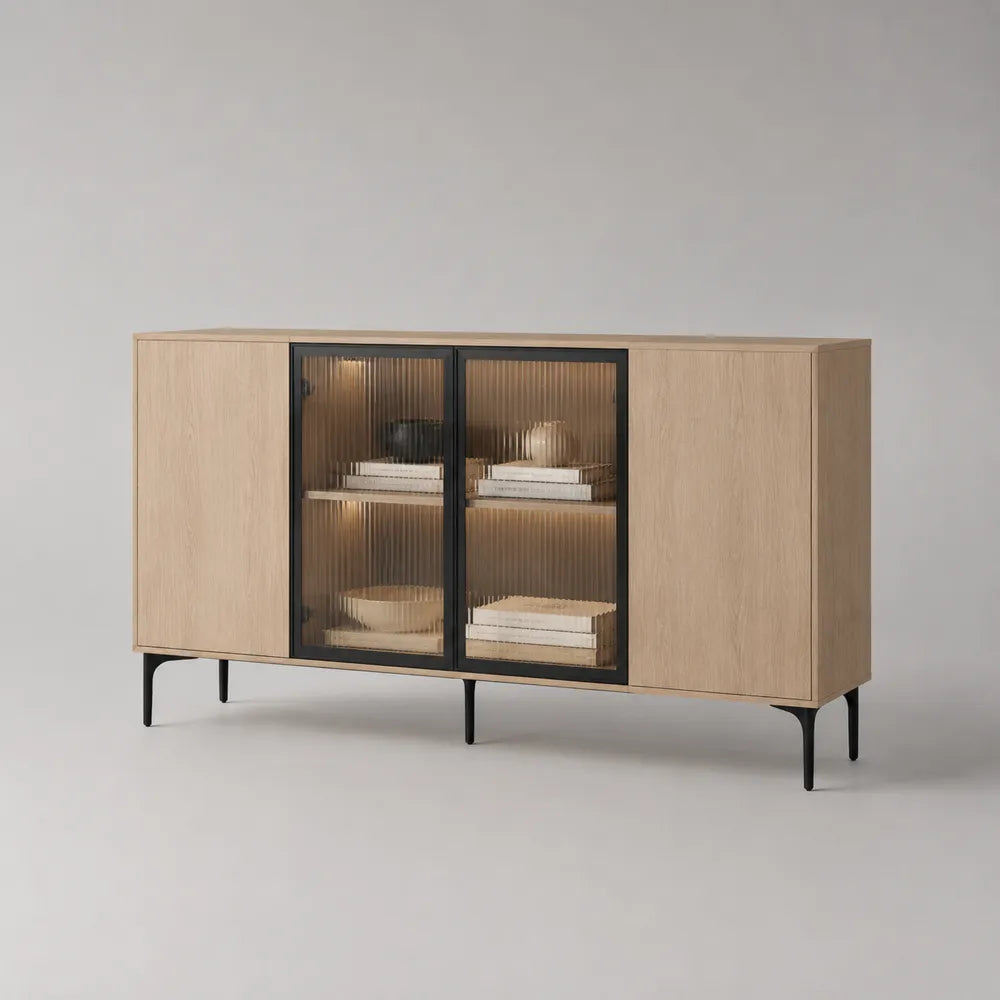 Buffet de salle à manger en MDF effet chêne clair avec 4 portes dont 2 vitrées et pieds noirs 220 x 40 x 80 cm