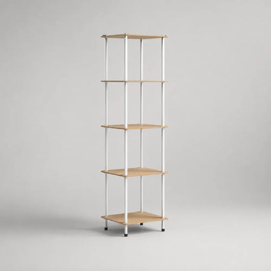 Bibliothèque colonne ouverte avec étagères en MDF effet bois structure acier blanc beige 45 x 35 x 180 cm
