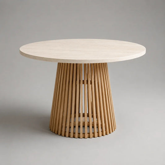 Table à manger ronde 120 cm en travertin beige avec piètement conique en bois