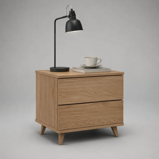 Table de chevet à 2 tiroirs en MDF effet chêne clair avec pieds en bois 55 x 40 x 58 cm