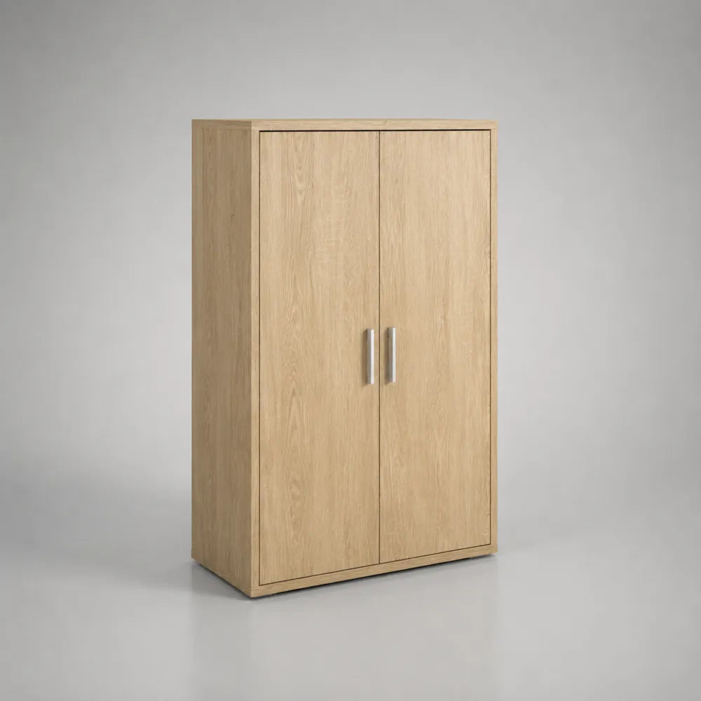 Buffet de salle à manger haut 2 portes en MDF finition chêne clair avec poignées argentées 100 x 40 x 130 cm