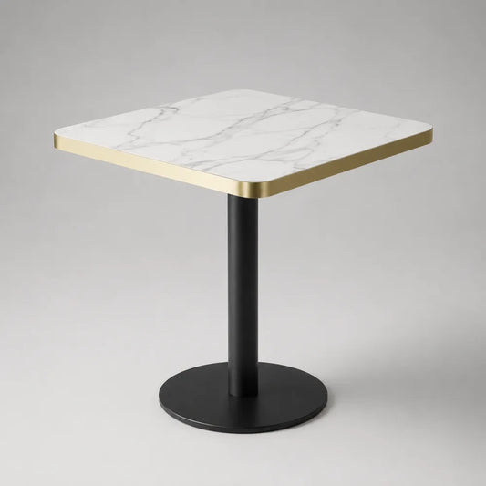 Table à manger carrée avec plateau effet marbre blanc et piètement central en acier noir 80 x 80 x 75 cm