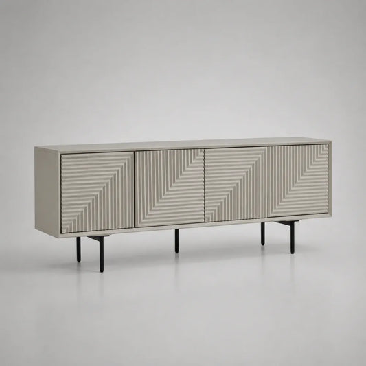 Buffet bas 4 portes en MDF blanc avec façades à relief géométrique et pieds acier noir 180 x 40 x 65 cm