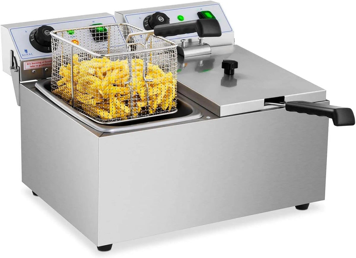 Friteuse Électrique De Restaurant Double Professionnelle RCEF Royal Catering, 50-200 °C, 2 x 3 200 W, Couvercles Inclus, Zone froide
