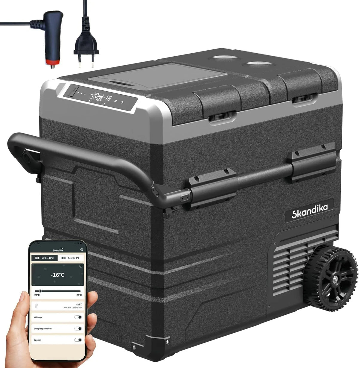 Glacière 35-55L Skandika, Mini Frigo 2 Zones, réfrigérateur connecté, +20 ° à -20 °C, tension 12v 220v, Routa, Mode éco, silencieuse