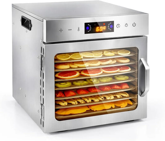 Modèle en Acier Inoxydable avec 8 Plateaux 24H Deshydrateur Alimentaire, Température Réglable 35–90°C, Légumes, Déshydrateur pour Fruits, Timer