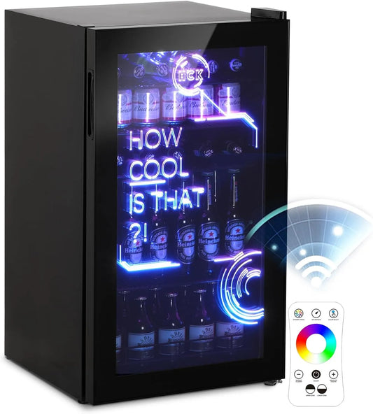 Réfrigérateur HCK, capacité 98L Petit Frigo Silencieux de 0-10°C, Mini Frigo Avec éclairage Moderne Cyberpunk, Pour Boissons, Mini Bar Intérieur, Fête