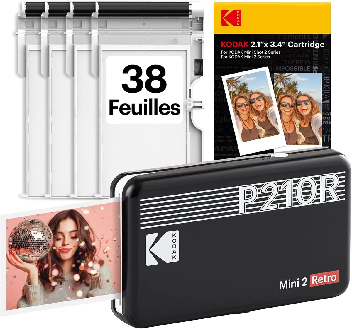 Imprimante 4PASS, photo portable KODAK Mini 2 Retro, dimensions 5,3 x 8,6 cm, + paquet de 38 feuilles, finition noire
