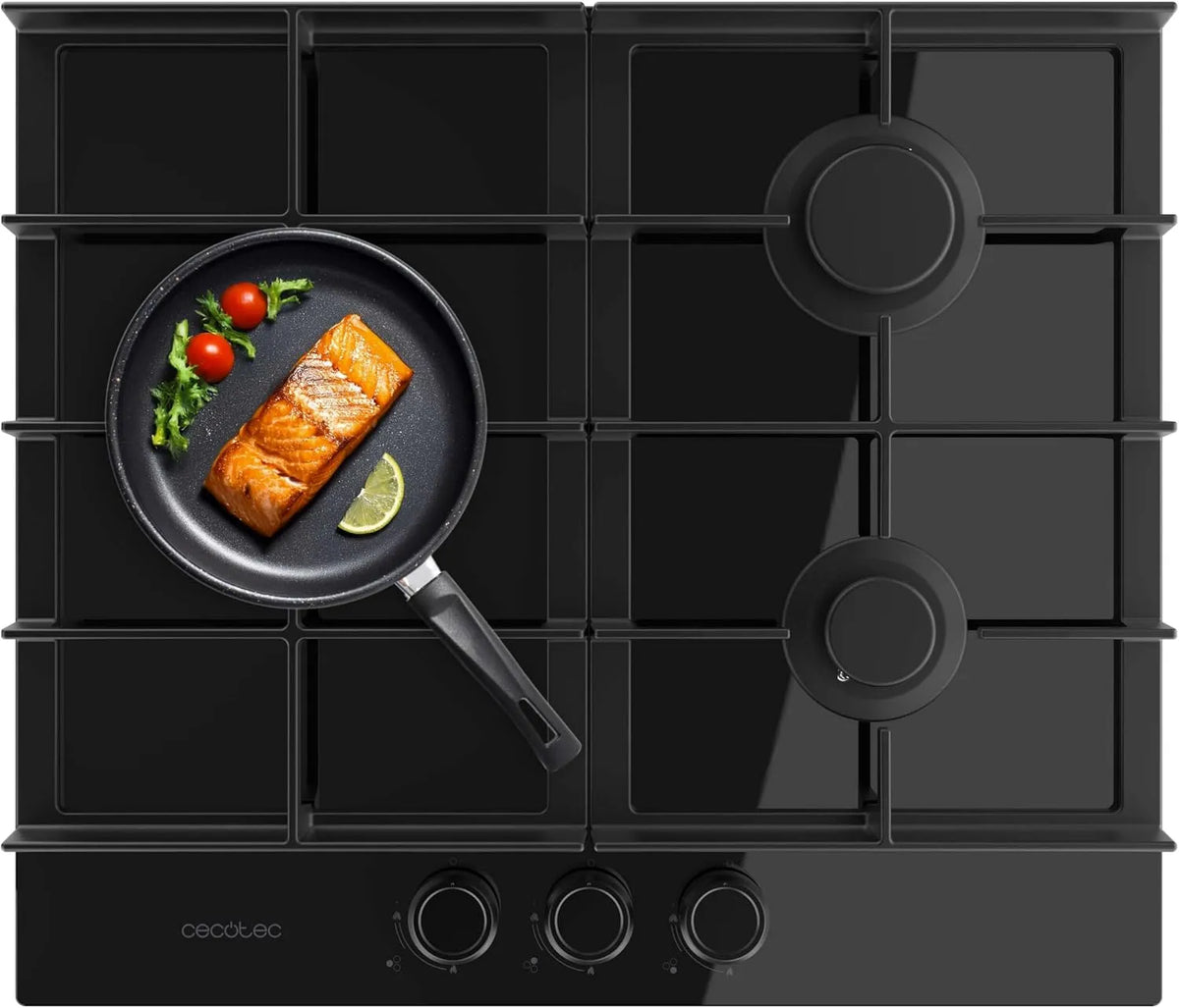 Cecotec plaque de cuisson 3400F, puissance 6,2kW, Brûleur WOK Triple, Sécurité Valves, de Gaz 3 Feux Bolero Squad G Verre finition noire