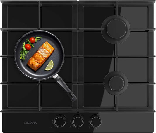Cecotec plaque de cuisson 3400F, puissance 6,2kW, Brûleur WOK Triple, Sécurité Valves, de Gaz 3 Feux Bolero Squad G Verre finition noire