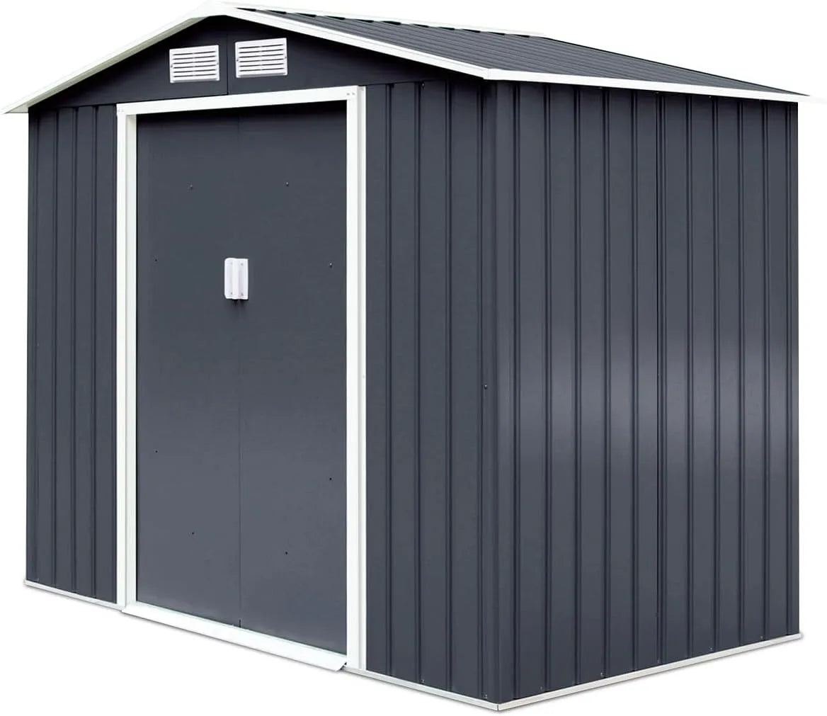 Abri de jardin, dimensions 277 x 191 x 192 cm, Cabane de Jardin avec 2 Volets Blancs et Portes Coulissantes, Métal Exterieur, finition grise