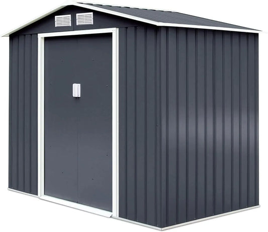 Abri de jardin, dimensions 277 x 191 x 192 cm, Cabane de Jardin avec 2 Volets Blancs et Portes Coulissantes, Métal Exterieur, finition grise