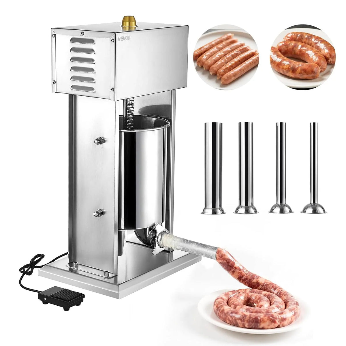 Vevor Poussoir à Saucisses Électrique 10 L, avec 4 Tubes de Remplissage, Machine à Saucisses Verticale en Acier Inoxydable, pour Cuisine