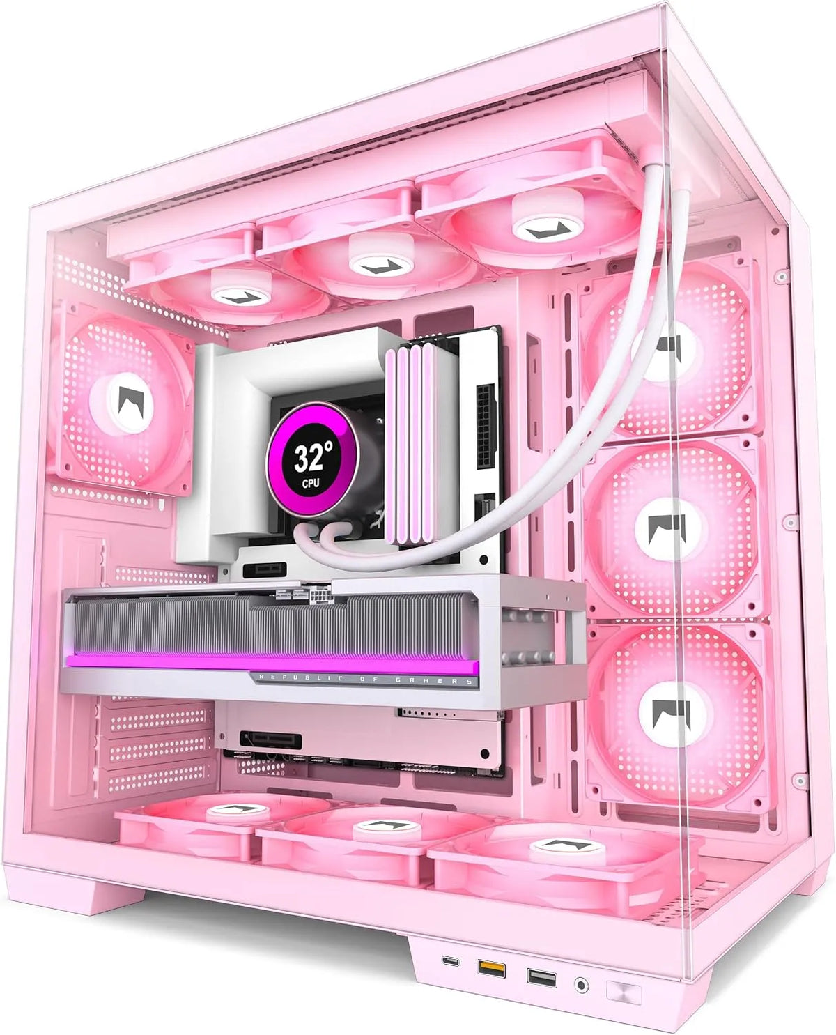 Ventilateur, H1 ATX Boitier PC, Installation simultanée de 3 radiateurs de 360 mm, 7 Ventilateurs PWM ARGB préinstallés, avec Type-C, Rose