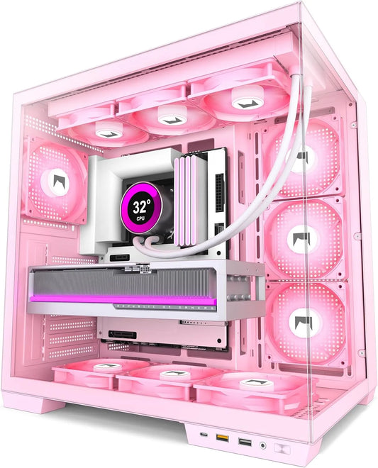 Ventilateur, H1 ATX Boitier PC, Installation simultanée de 3 radiateurs de 360 mm, 7 Ventilateurs PWM ARGB préinstallés, avec Type-C, Rose