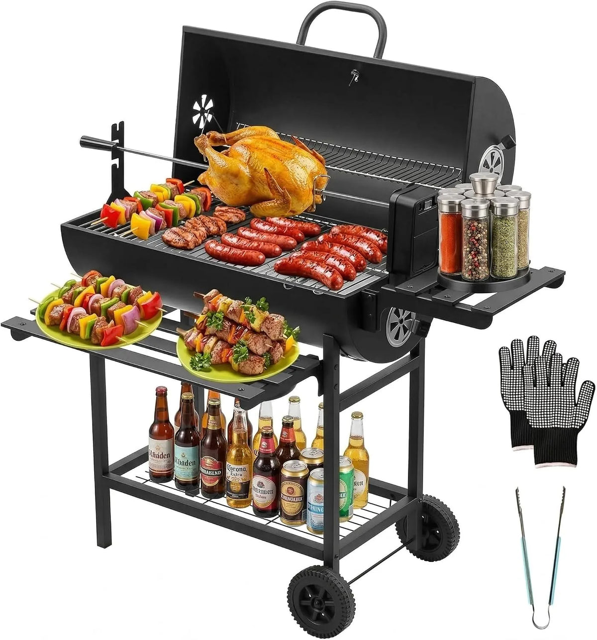 XXL à Charbon de Bois DEWINNER Grill, Acier au Carbone avec Couvercle & Thermomètre, Gants Anti-Brûlures et Pince Offerts, Idéal Jardin, Camping