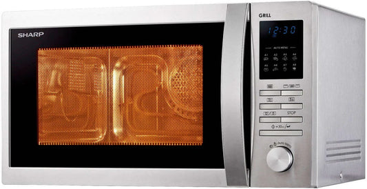 Sharp four à micro-ondes R-722STWE, en acier inoxydable 25 l 900 W, puissance 1000 W, plan de travail, boutons, rotatif
