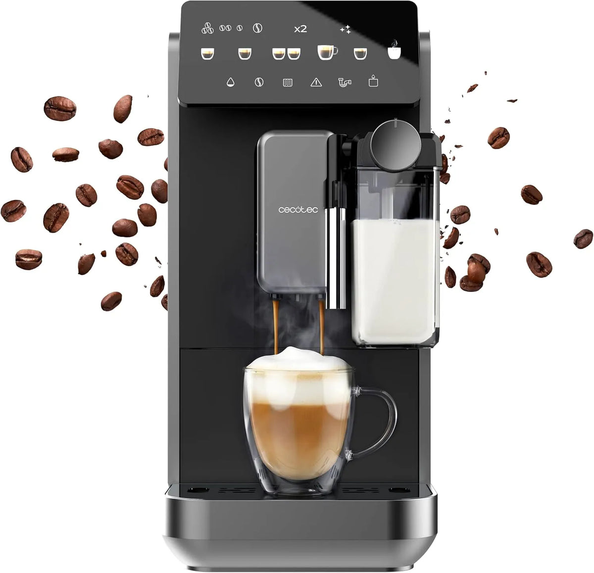 Cecotec machine à café, Superautomatique avec Réservoir de Lait Cremmaet Lungo Latte Art. 2230W, 19 Bars, 7 Boissons, Réservoir 2L