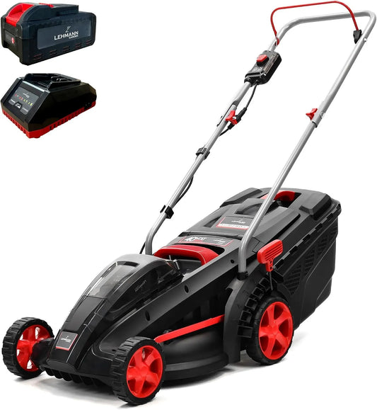 Tondeuse à gazon LEHMANN, Largeur de Coupe 37 cm, 5 Niveaux de Réglage 25-75 cm, Livré avec Batterie 4,0 Ah + Chargeur, finition noire, sans Fil 40V
