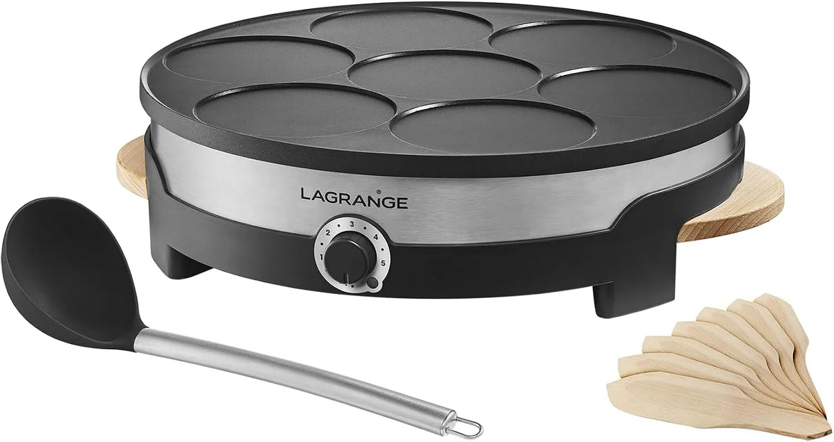 Plaque de cuisson 109015, 7 mini-crêpes de 11 cm de diamètre, poignées en bois, Thermostat réglable, Tradi' Multi, puissance 1500 W