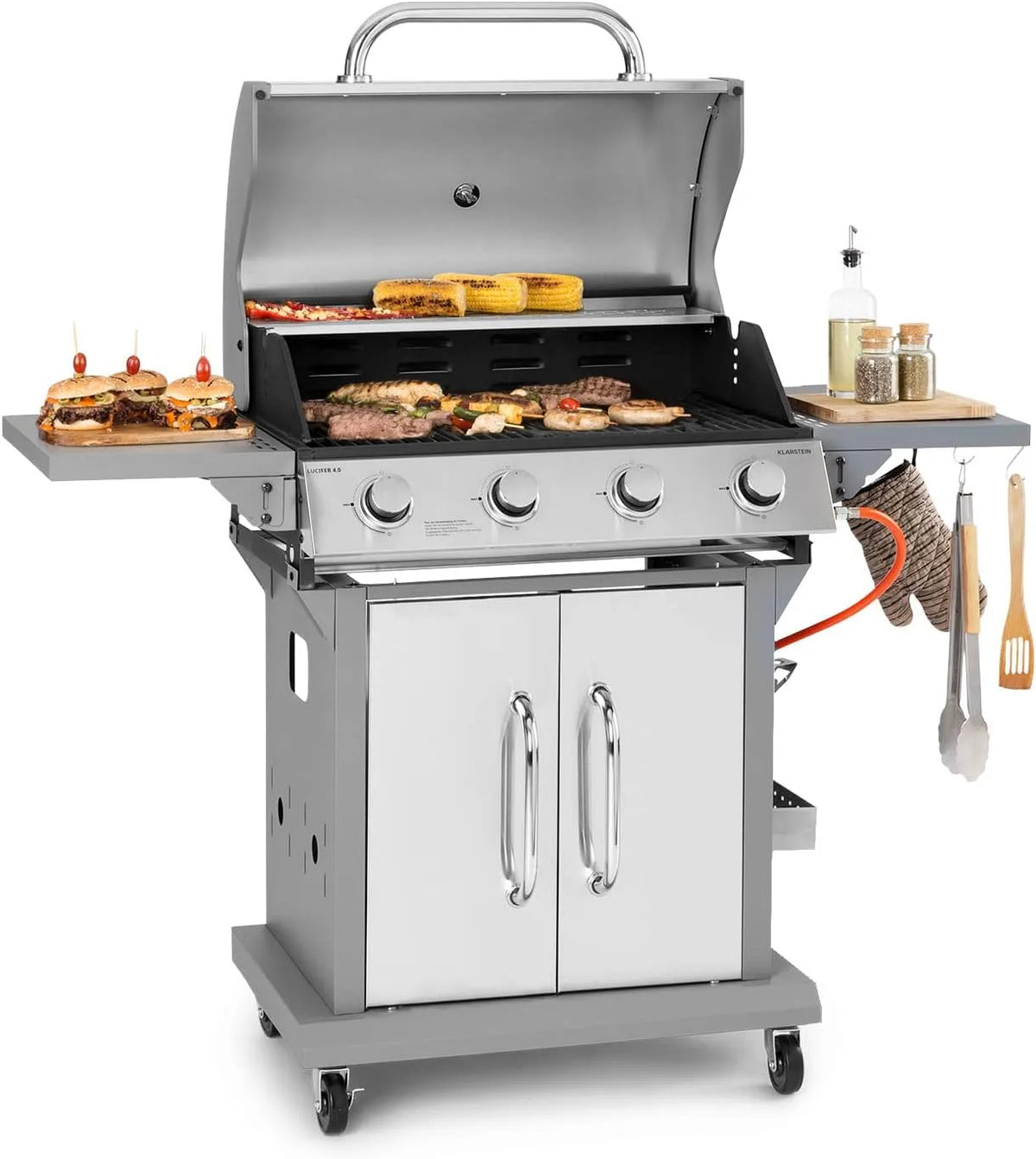 Klarstein barbecue à gaz, Camping avec 4 Brûleurs, Plancha au Gaz de 14400W, Gril en Acier Inoxydable, BBQ Feu, Thermomètre