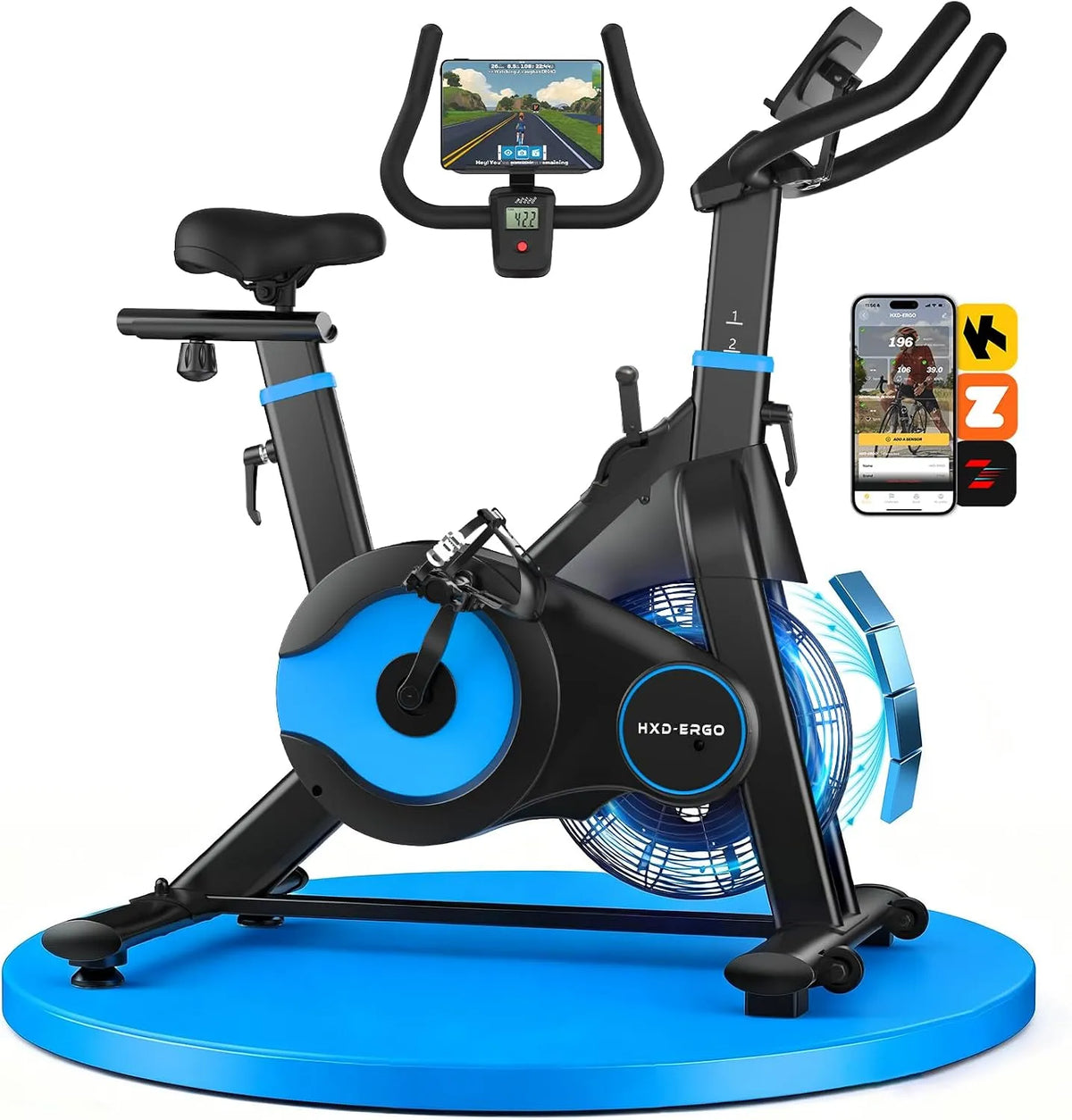 Vélo HXD-ERGO, Charge 150 kg, d'Appartement Magnétique Silencieux, Résistance Infinie, Structure Stable, Siège & Guidon Réglables, Écran LCD, Zwift
