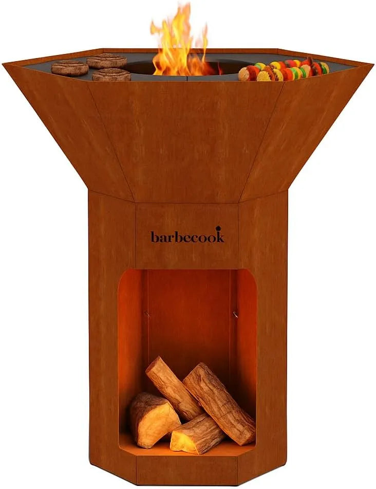 Barbecue Barbecook, dimensions 92x92x101cm, brasero Nestor Original, à Bois Exterieur avec plancha en Acier corten