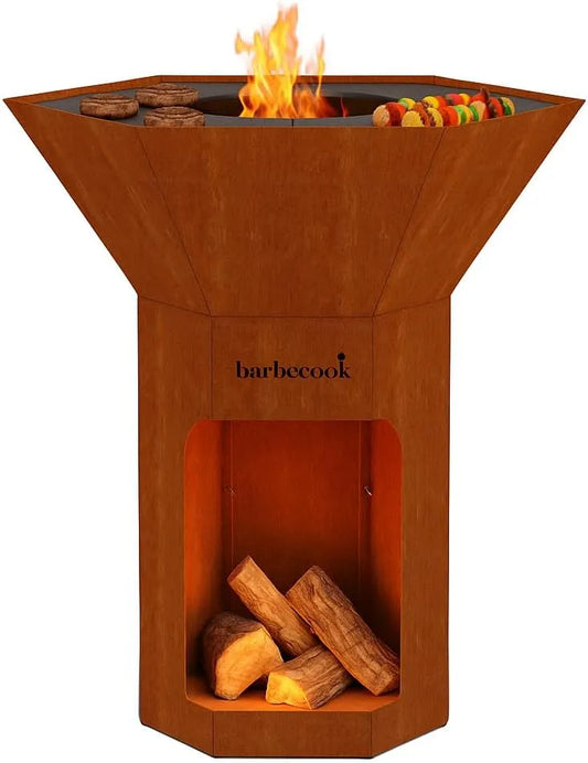Barbecue Barbecook, dimensions 92x92x101cm, brasero Nestor Original, à Bois Exterieur avec plancha en Acier corten