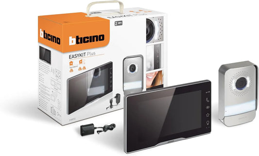 Easykit Plus Vidéophone monofamilial Plug-In 2 fils 318913 Bticino, avec: 1 bouton extérieur, 1 moniteur intérieur 7' couleur avec mains libres