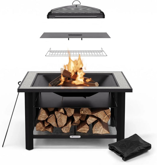 Barbecue, & Table, 3-en-1 Brasero, blumfeldt Merano Avanzato Brasero Exterieur, Cadre en Acier Robuste, Plateau en Terrazzo, Pare-Étincelles
