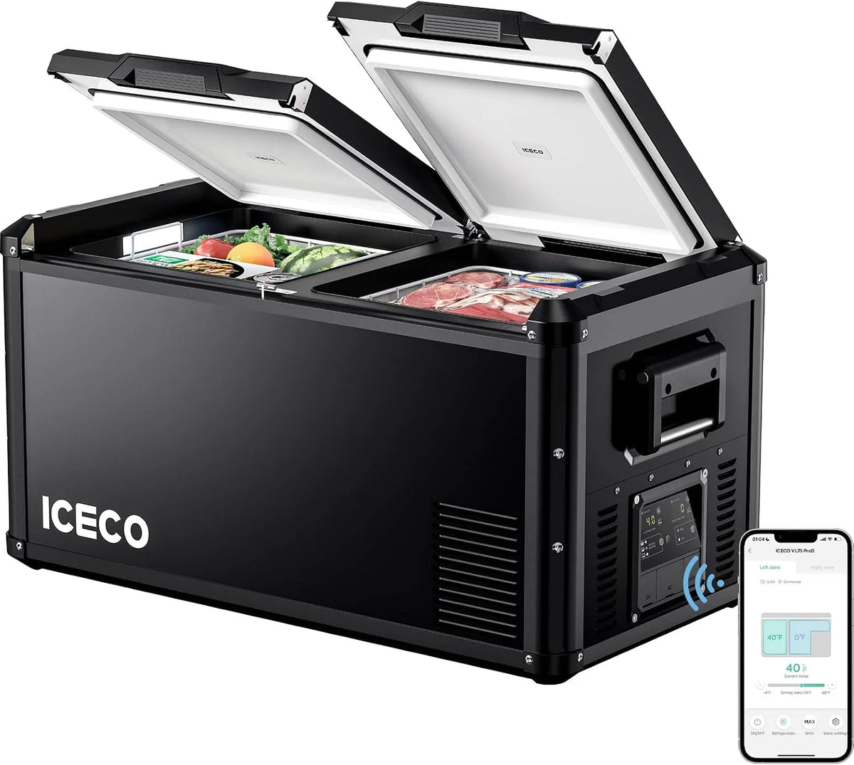 Réfrigérateur VL75 AC 110 ICECO ProD, double USB et DC 12/24 V, 17,8 °C à 10 °C, couvercle multidirectionnel, tension 240 V