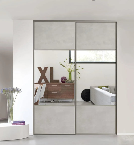 2 portes de placard coulissantes Kit de, largeur 150 cm, hauteur 250 cm, partitionné miroir finition argentée, décor toilé minéral