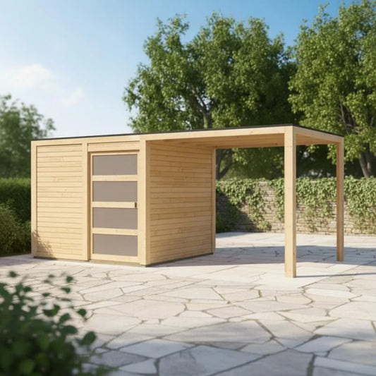Abri de jardin, Bois Massif Qubic 19mm avec Appentis 5,6m², Hauteur 214cm, Karibu, Toit Plat, Porte Coulissante Plexi, Marron