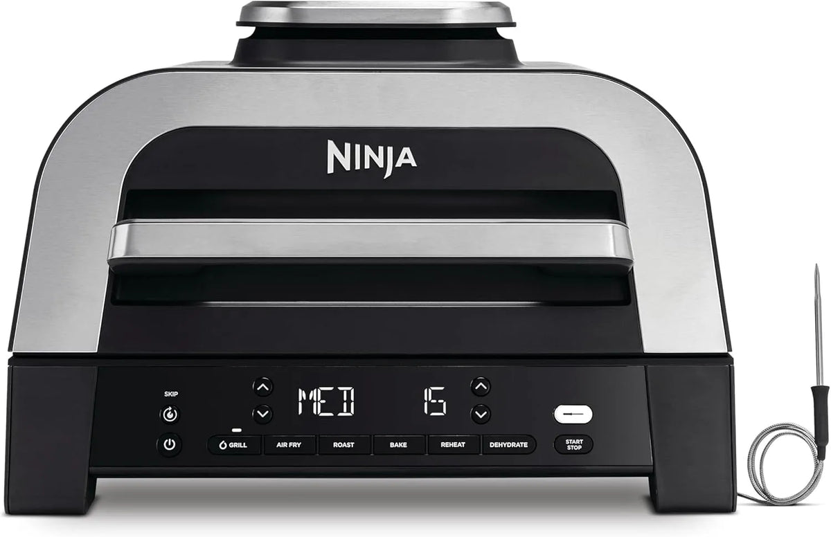 Ninja modèle DG551EU, capacité 3,8 l, cuit jusqu'à 6 hamburgers, thermomètre à viande numérique inclus, finition argentée, 6 modes, finition grise