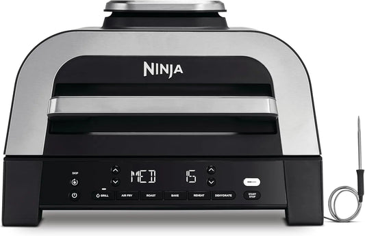 Ninja modèle DG551EU, capacité 3,8 l, cuit jusqu'à 6 hamburgers, thermomètre à viande numérique inclus, finition argentée, 6 modes, finition grise