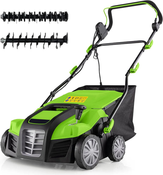 Costway, avec Réglable à 5 Positions Sac de Ramassage 55 L, Scarificateur et Aérateur Électrique Filaire 2 en 1 de 2000 W 3500rpm, Vert